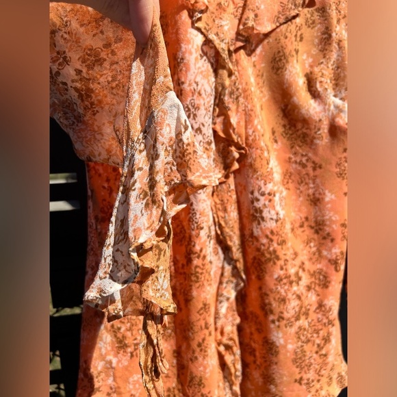 Y2K i e Orange Floral Silk Tunic Fairy Feminine Chiffon Ruffle Top Medium - Picture 5 of 13